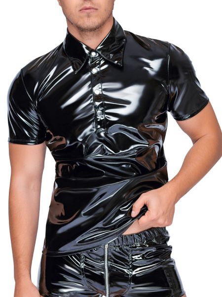 Lack-Poloshirt mit Druckknöpfen, schwarz
