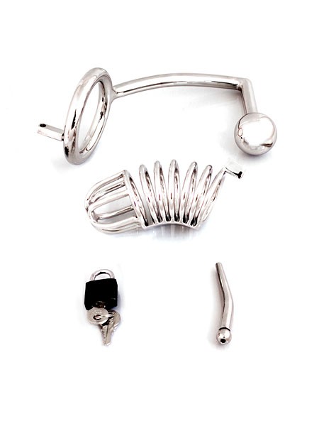 Chastity Cage with Screw: Keuschheitskäfig mit 50mm Ring, Dilator und Analplug