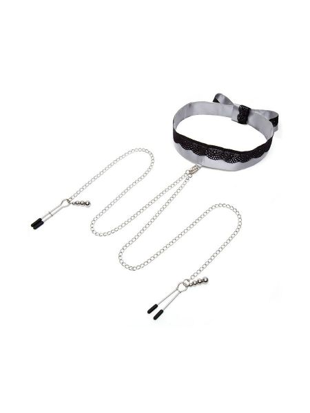 Fifty Shades of Grey Satin Collar &amp; Nipple: Set Halsband &amp; Nippelklemmen, schwarz/silber