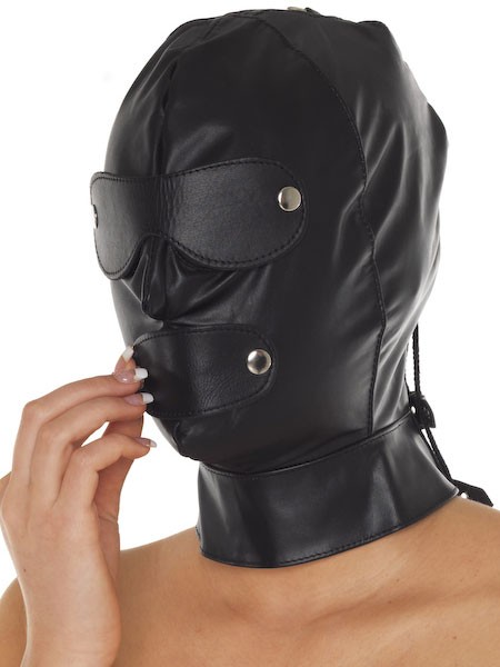Leder-Maske mit Augen-/Mundklappen, schwarz