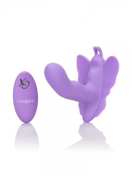 Butterfly Remote Rocking Penis: Minivibrator mit Klitorisreizer, lila