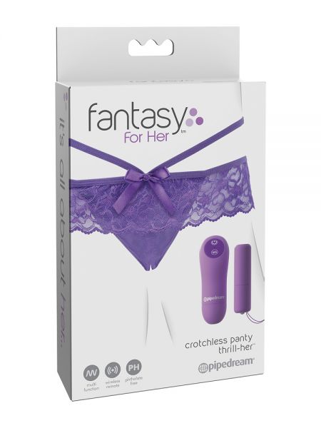 Crotchless Panty Thrill-Her: Vibro-Ouvertslip mit Fernbedienung, lila