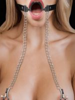 Ouch! O-Ring with Nipple Clamps: Mundsperre mit Nippelklemmen, schwarz/silber